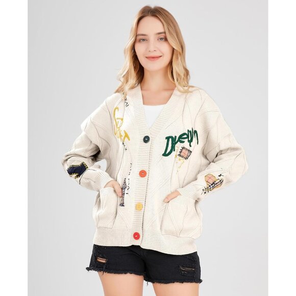 Women's Cable Knit Long Sleeve Open Front Cardigan Sheep V-Neck Button Down Embr - Picture 2 of 4